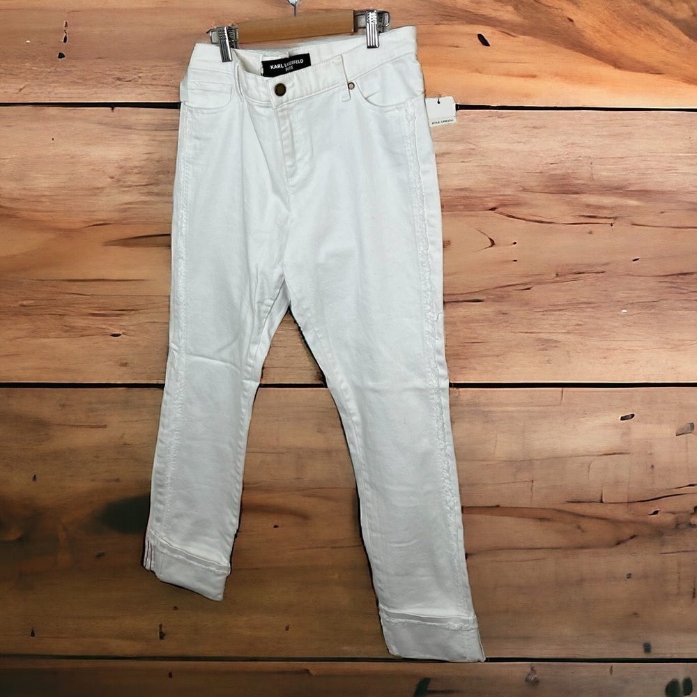 Karl Lagerfeld Paris Seamed Fringed Cuff White Jeans - Picture 3 of 13